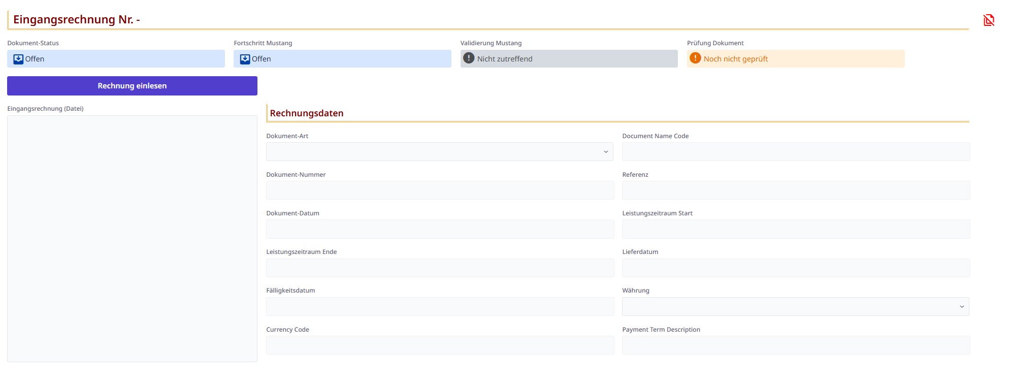 Maske vor Einlesen der Rechnung