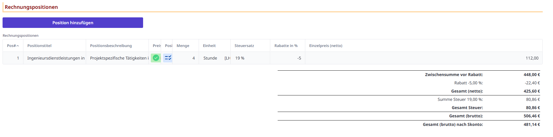 Positionen und Positionssummen