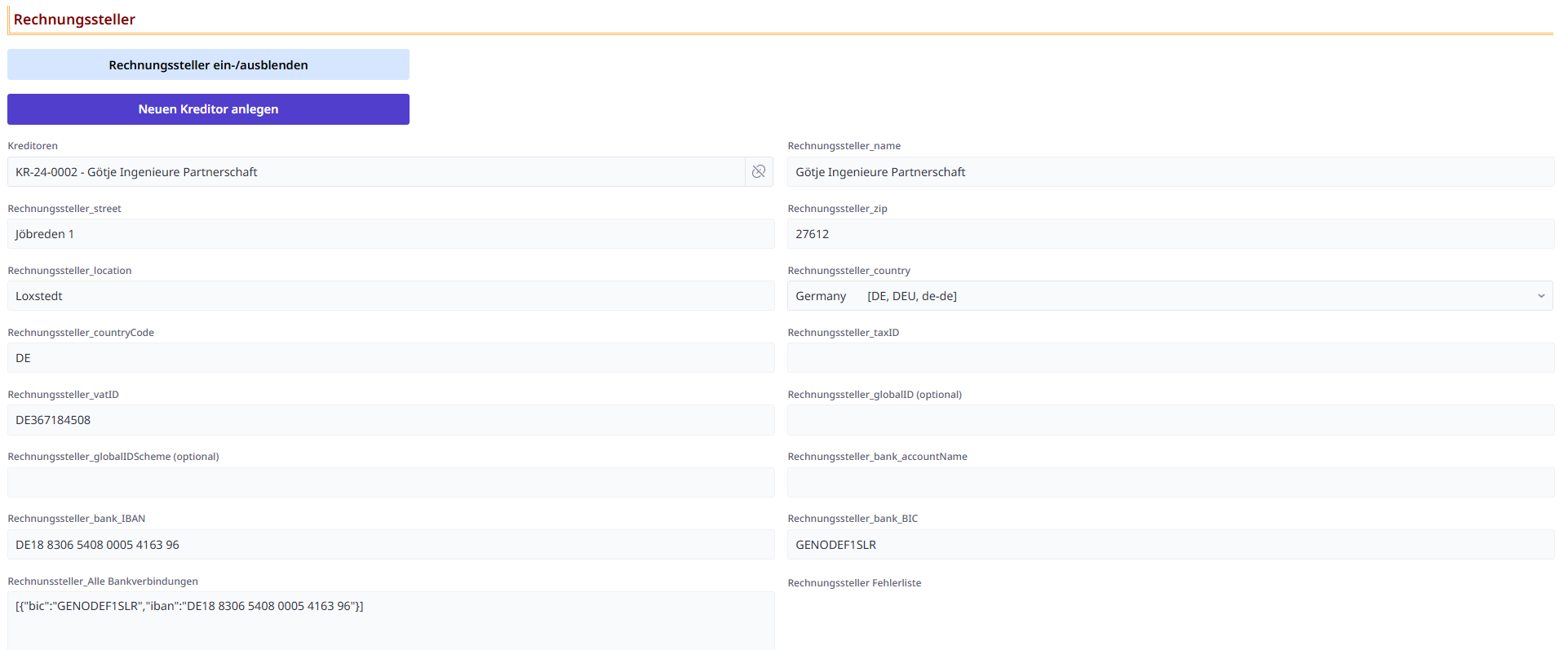 Rechnungssteller übernehmen in Kreditoren